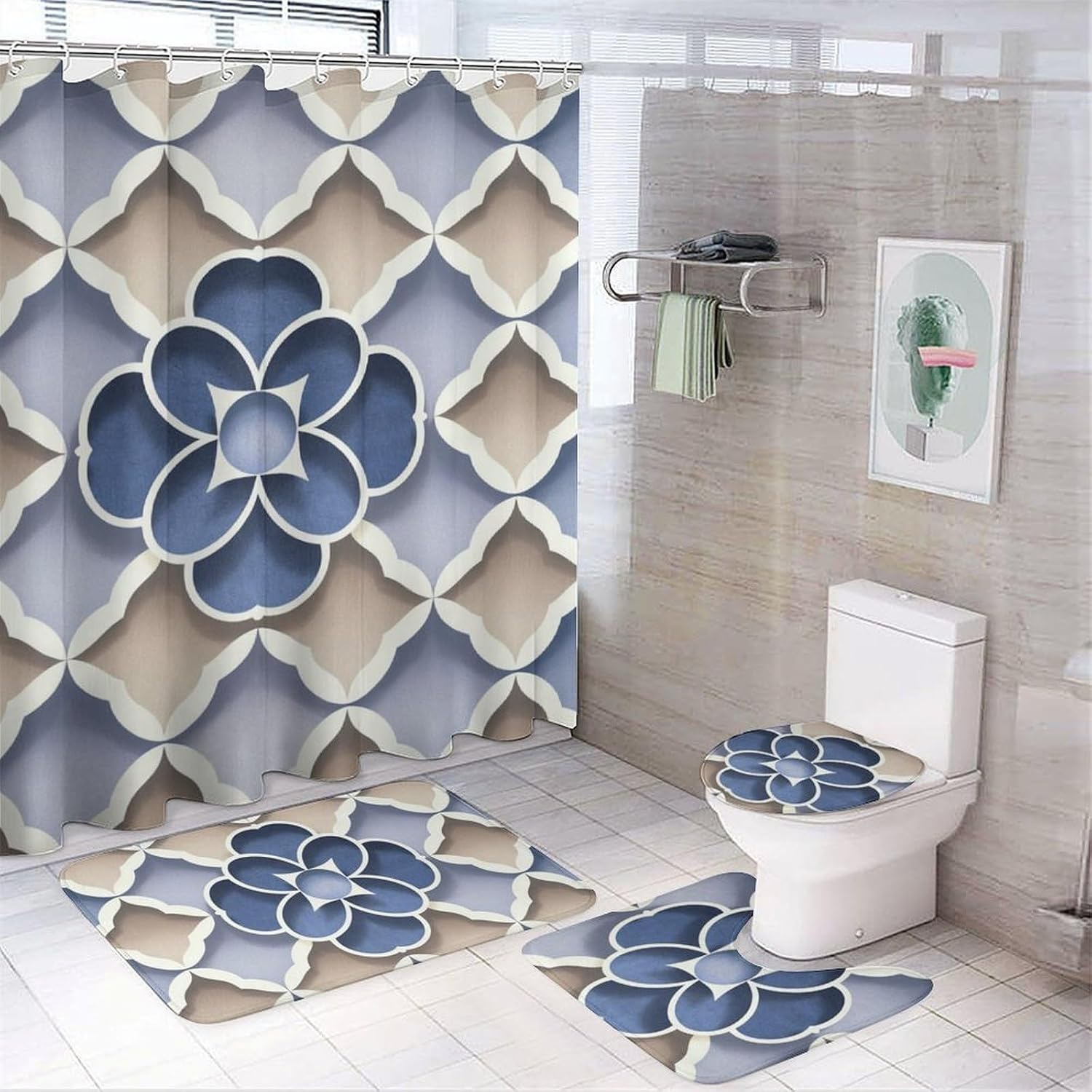Bathroom Mat Set, Spring Pattern Printed on Bathroom Accessories Sets Complete, Designed for Farmhouse Boho Contemporary Bathrooms
