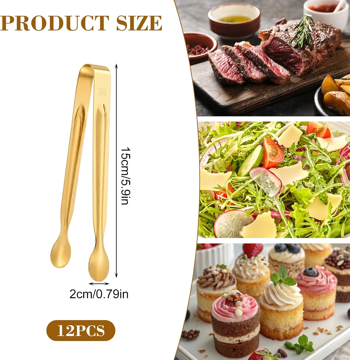 12 Pack Gold Mini Serving Tongs, 6" Small Sugar Tongs, Stainless steel Tiny Kitchen Serving Tongs for Charcuterie Board Appetizers Dessert Serving Food, Dishwasher Safe