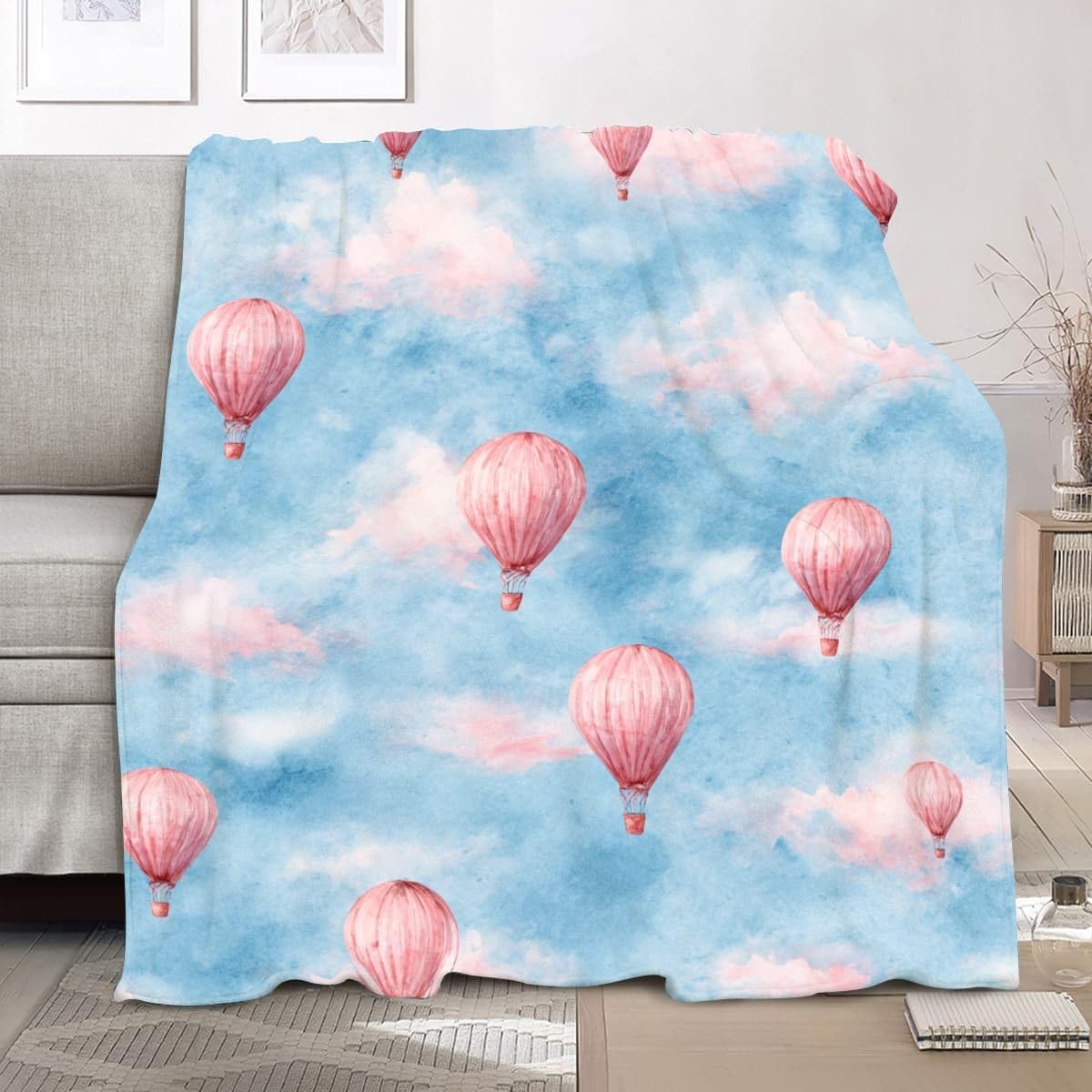 Koc polarowy, sherpa, puszysty, flanelowy, super king, 180 x 220 cm, romantyczny akwarela, balon na gorące powietrze, miękki, ciepły, przytulny, narzuta, koc, niebieski, do sypialni, salonu, biura