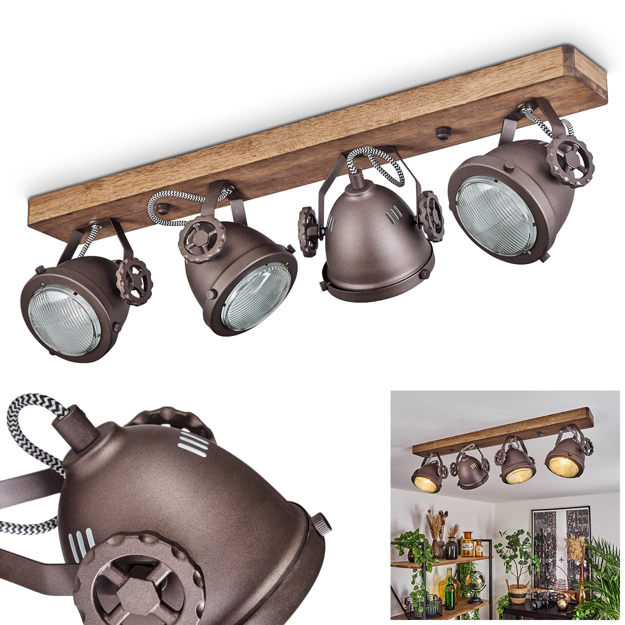 Hofstein Dark Wood, Brown, Clear Ceiling Lamp Herford, Adjustable Ceiling Lamp Made Of Metal/Wood/Glass In Dark Brown/Brown/Clear, 4-Flame, 4 X Gu10-Socket, Swivel And Tiltable Spot In Industrial Design, Without Bulbs
