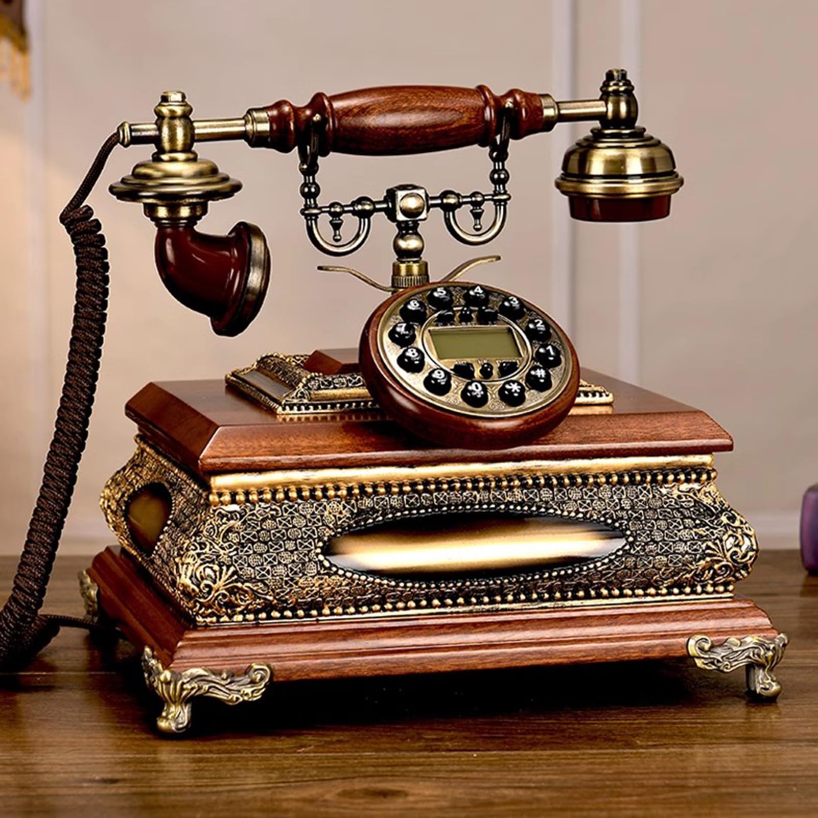 Luksusowy telefon stacjonarny z drewna, retro telefon przewodowy z przyciskiem do dekoracji domu/biura