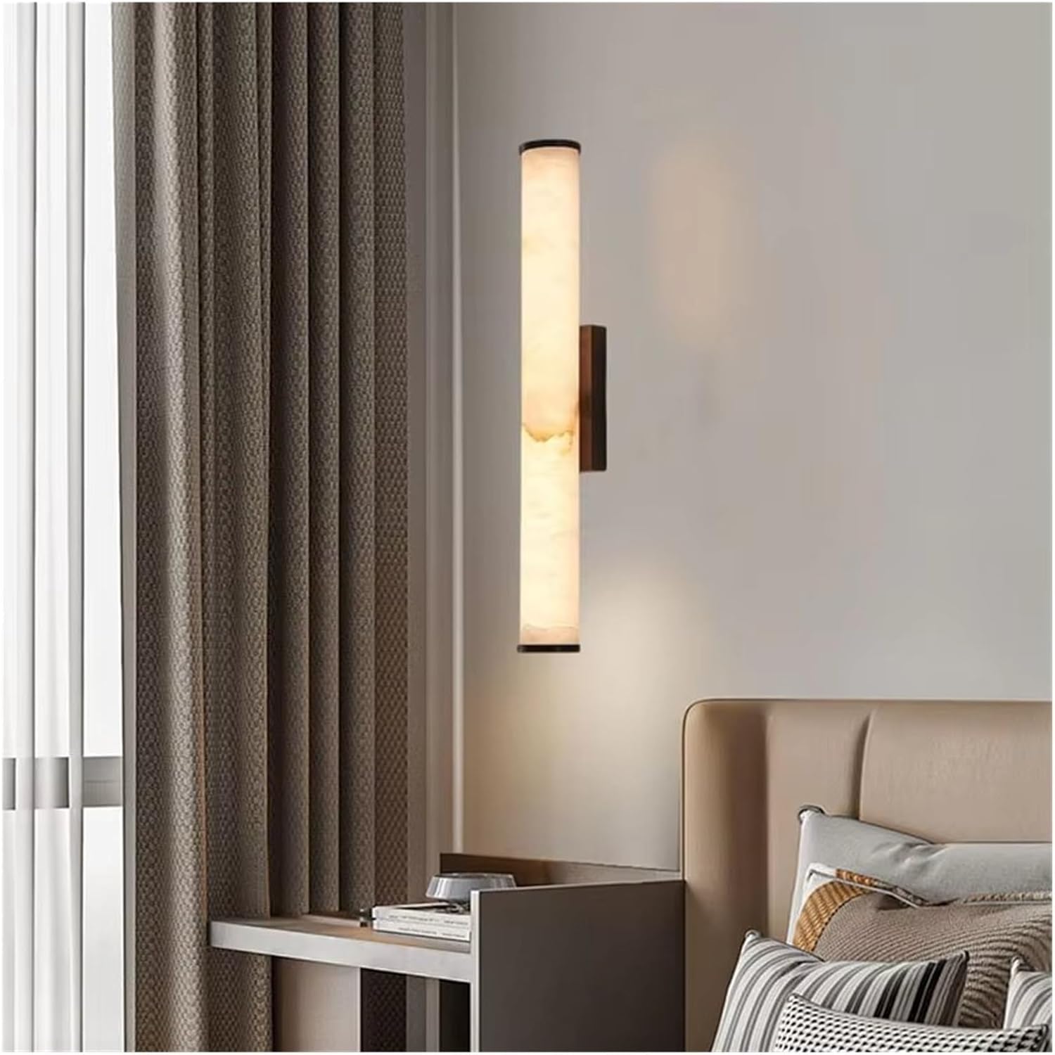 CWCQGH Nordic Marble Copper Cylindrical LED Wall Lamp Black Villa Background Bedroom Study Lighting Fixtures Modern,Warm White-50cm