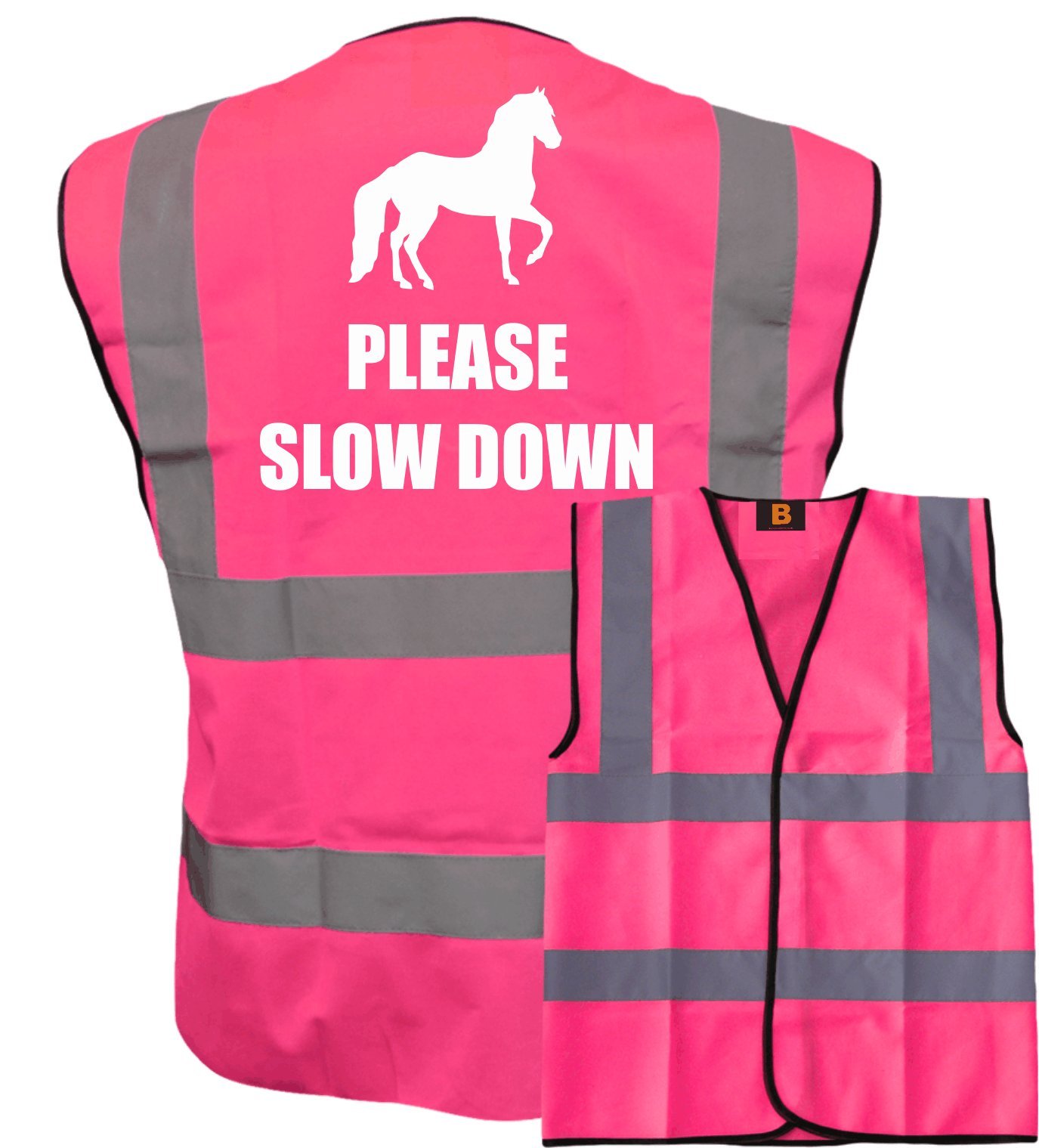 Bright Pink High Visibility Vest with White Text PLEASE SLOW DOWN WITH IMAGE- HORSE RIDING By Brook Hi Vis Medium