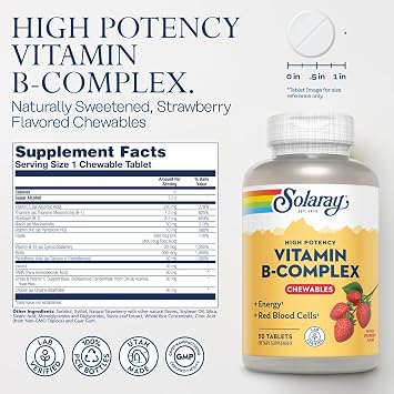 SOLARAY Vitamin B-Complex Chewables, Strawberry, Healthy Energy, Red Blood Cell, Stress & Metabolism Support, 50 Tablets