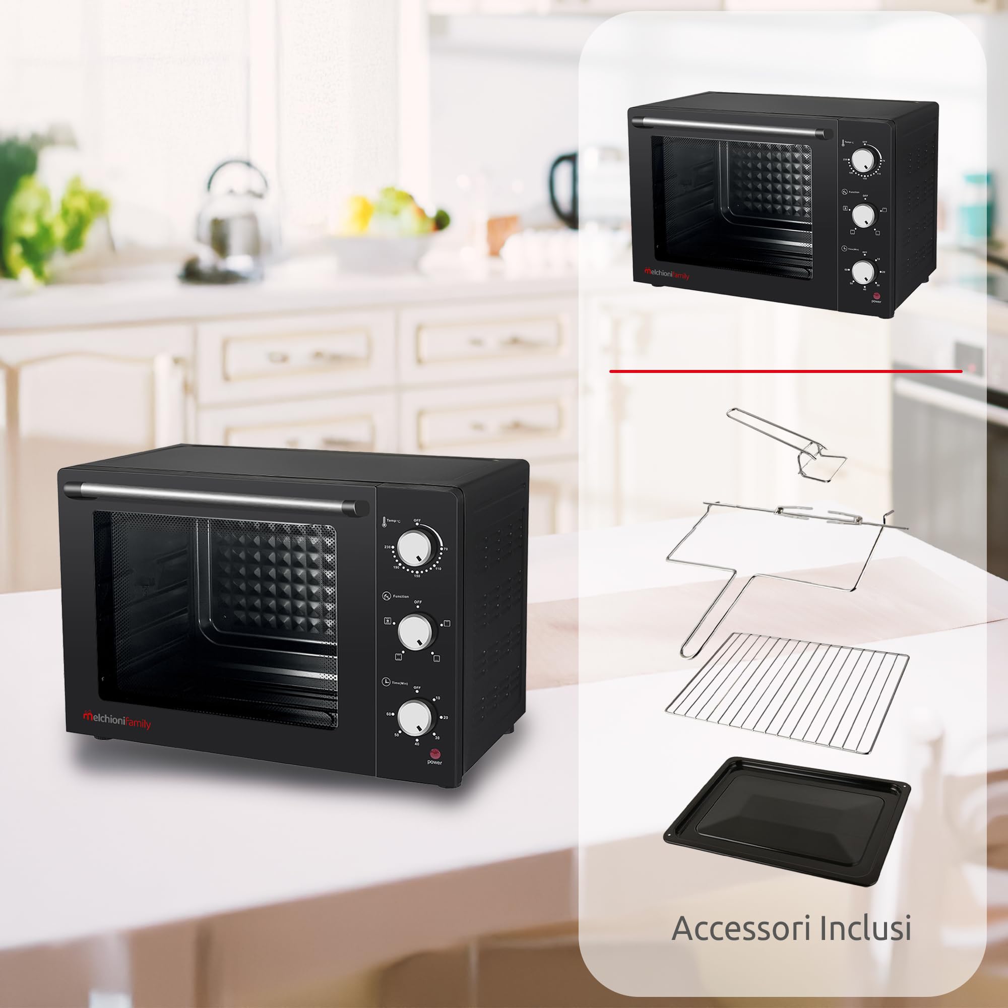 Melchioni Family | Forno Elettrico Ventilato ENJOY, Fornetto Elettrico con Girarrosto, Capacità 63 litri, Temperatura 230°, Fornetto Pizza Potenza 2200 W, Forno Pizza Professionale 58 x 44 x 40.7 cm