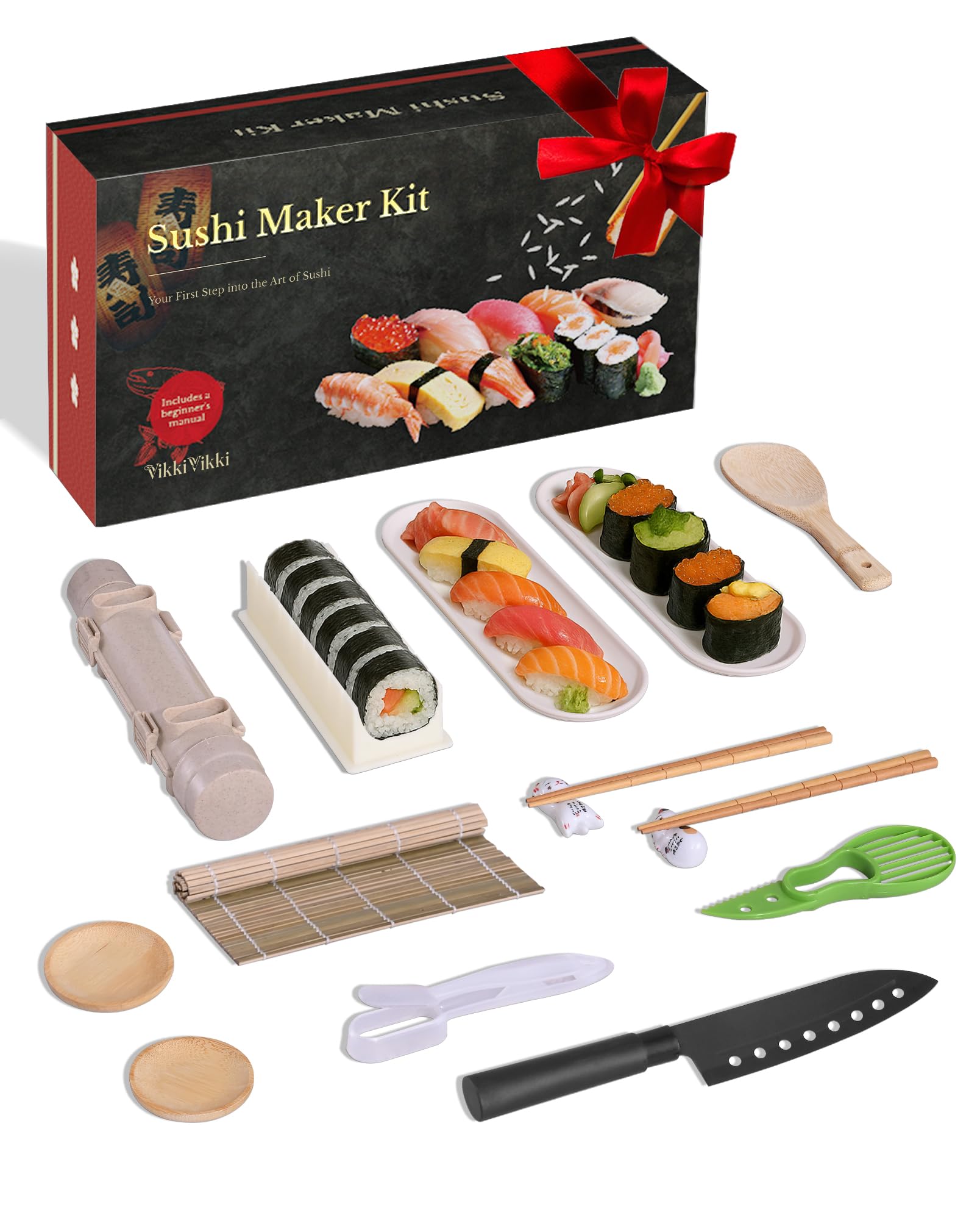 Sushi Maker Set, Sushi Set für Anfänger, Komplett Kit zum Selber Machen mit Sushi Bazooka, Bambus Rollmatte, Stäbchen, Teller, Onigiri Form & Zubehör.