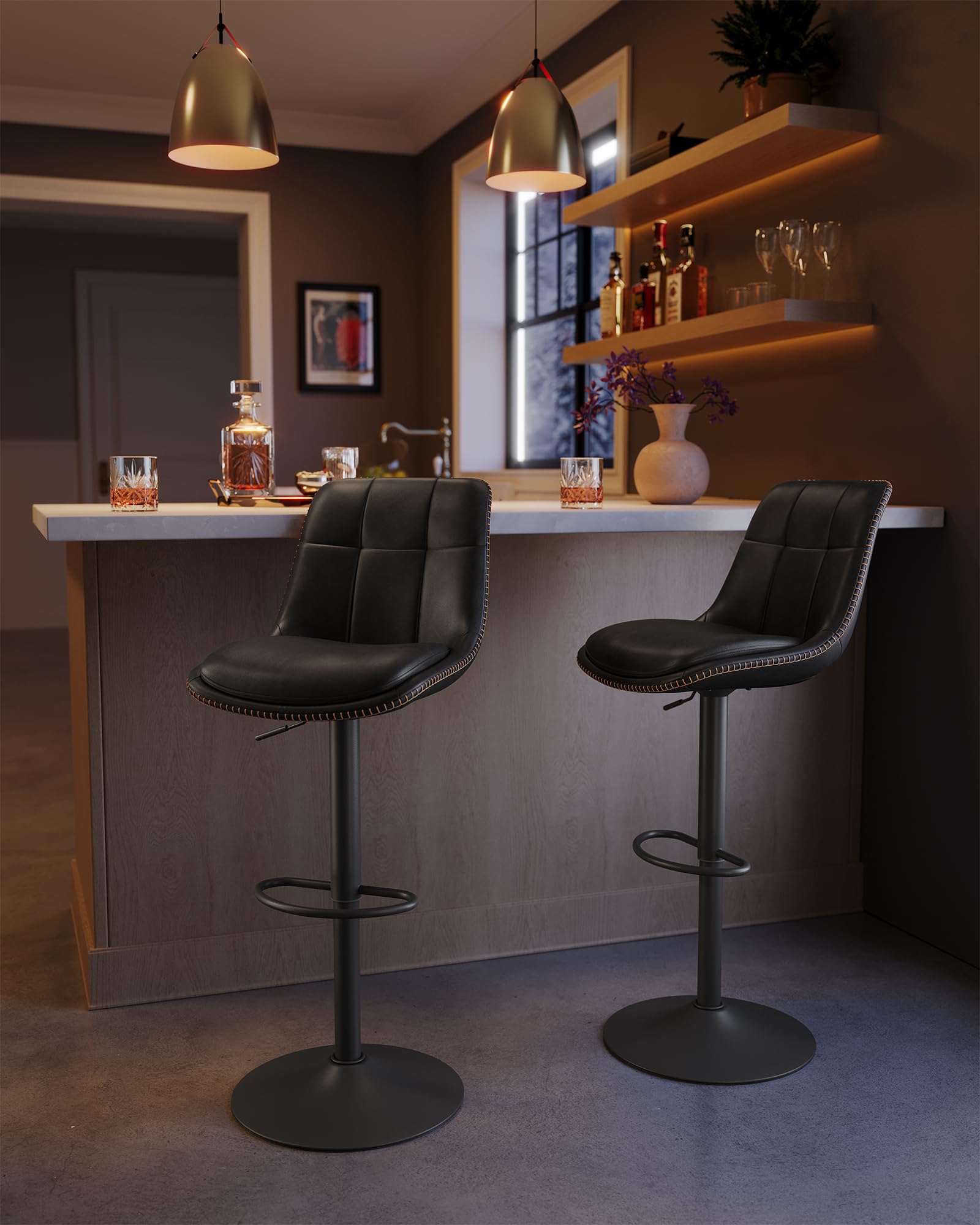 VASAGLE Tabourets de Bar, Lot de 4, Chaise de Cuisine, Siège Pivotant à Hauteur Réglable, Matelassé, en PU, avec Dossier et Repose-Pieds, Salle à Manger, Comptoir, Acier, Noir d'encre LJB295B01
