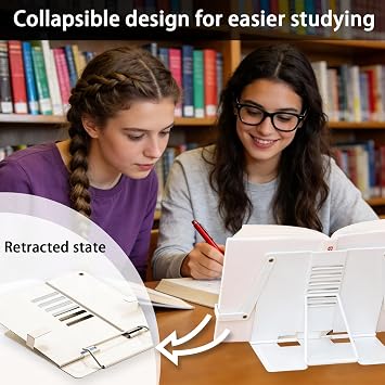 Adjustable Recipe Book Stand, Folding Cookbook Holder for Kitchen, School and Office Use, Reading Rest with Multiple Angles (White)