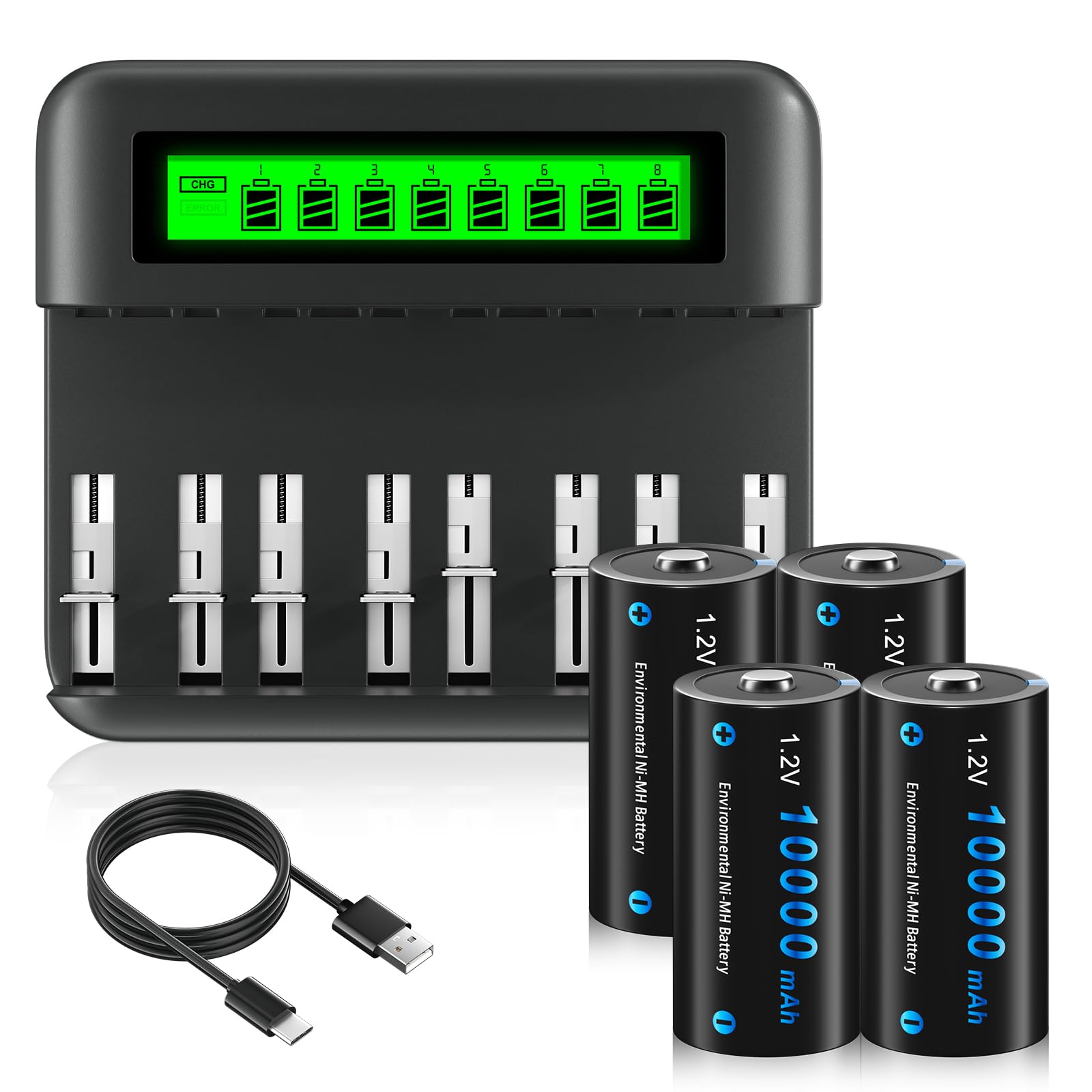 CITYORK Chargeur Universel LCD, pour Batteries 8 AA/AAA ou 4 C/D, Canal de Charge indépendant Via Chargeur Rapide - avec 4 Piles D 8000mAh NI-MH
