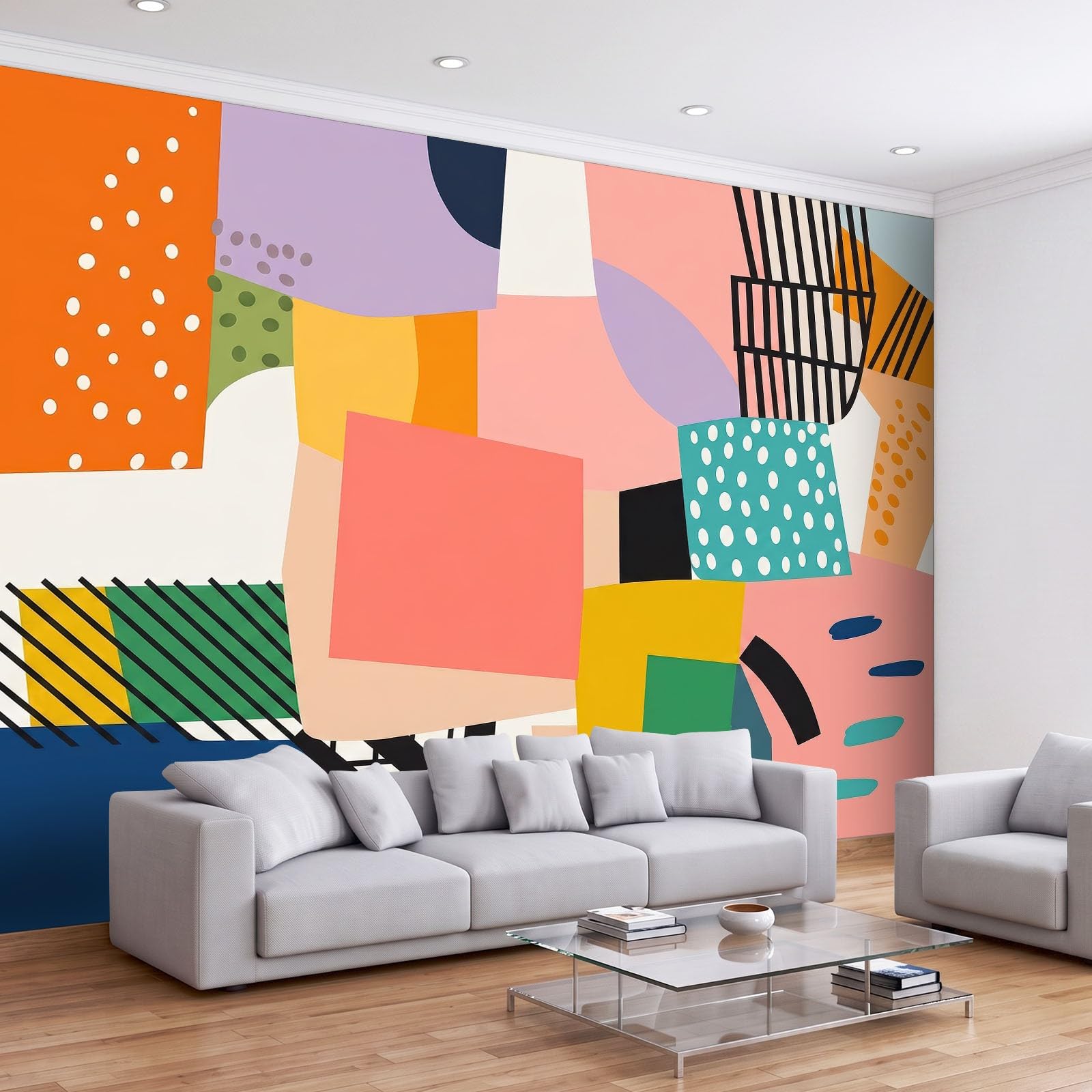 Abstrakcyjne geometryczne bloki kolorowe kropki panoramiczna tapeta dla chłopców dziewcząt, 400 x 280 cm kolor gigantyczny plakat ścienny 3D, dekoracja ścienna premium do salonu, pokoju dziecięcego