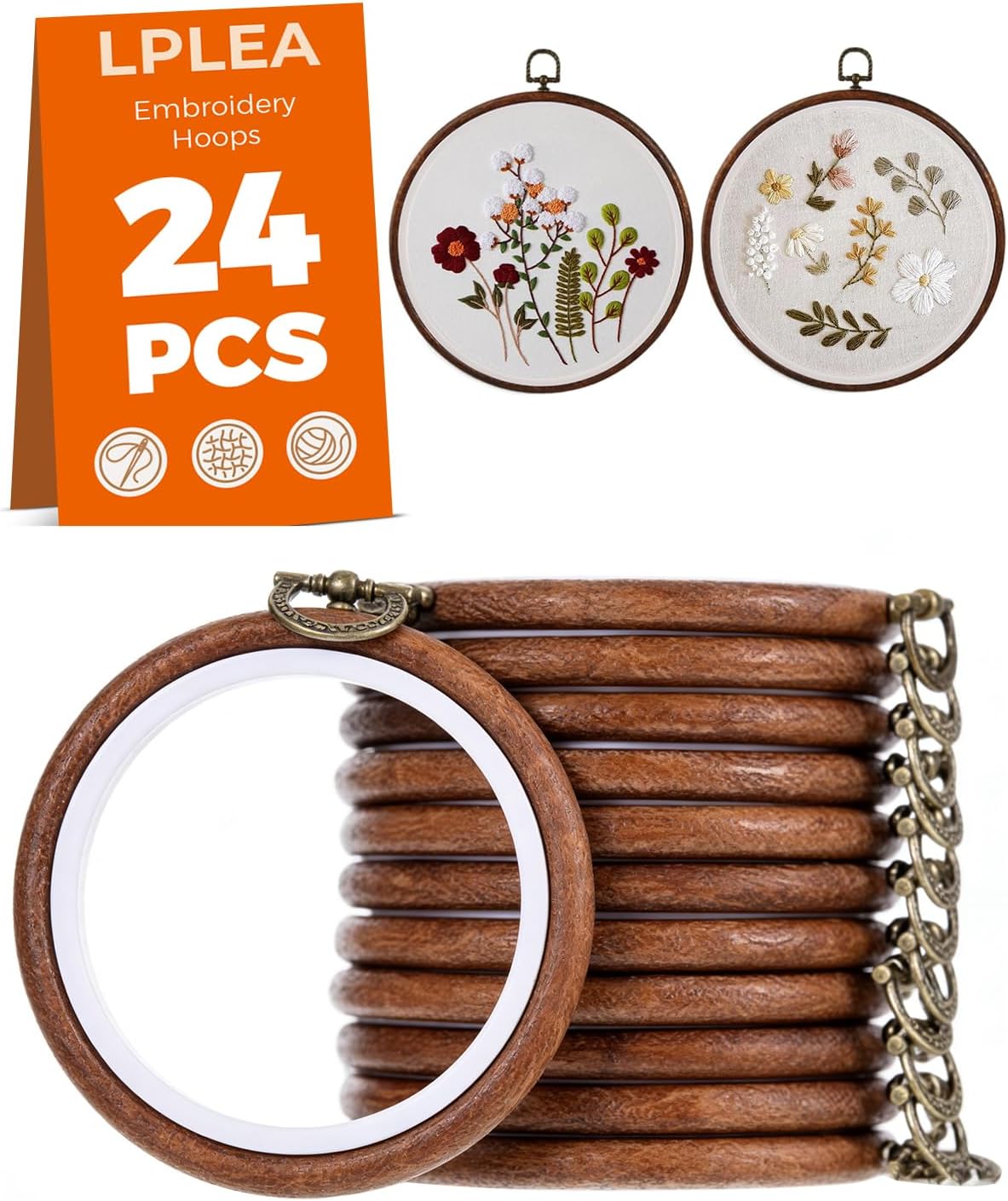 24 PCS 5Inch Round Embroidery Hoop Ring, Imitated Wood Cross Stitch Display Frame,Rubber Material Embroidery Hoop Kits for DIY Craft Sewing Hanging Gifts Christmas Halloween Ornament