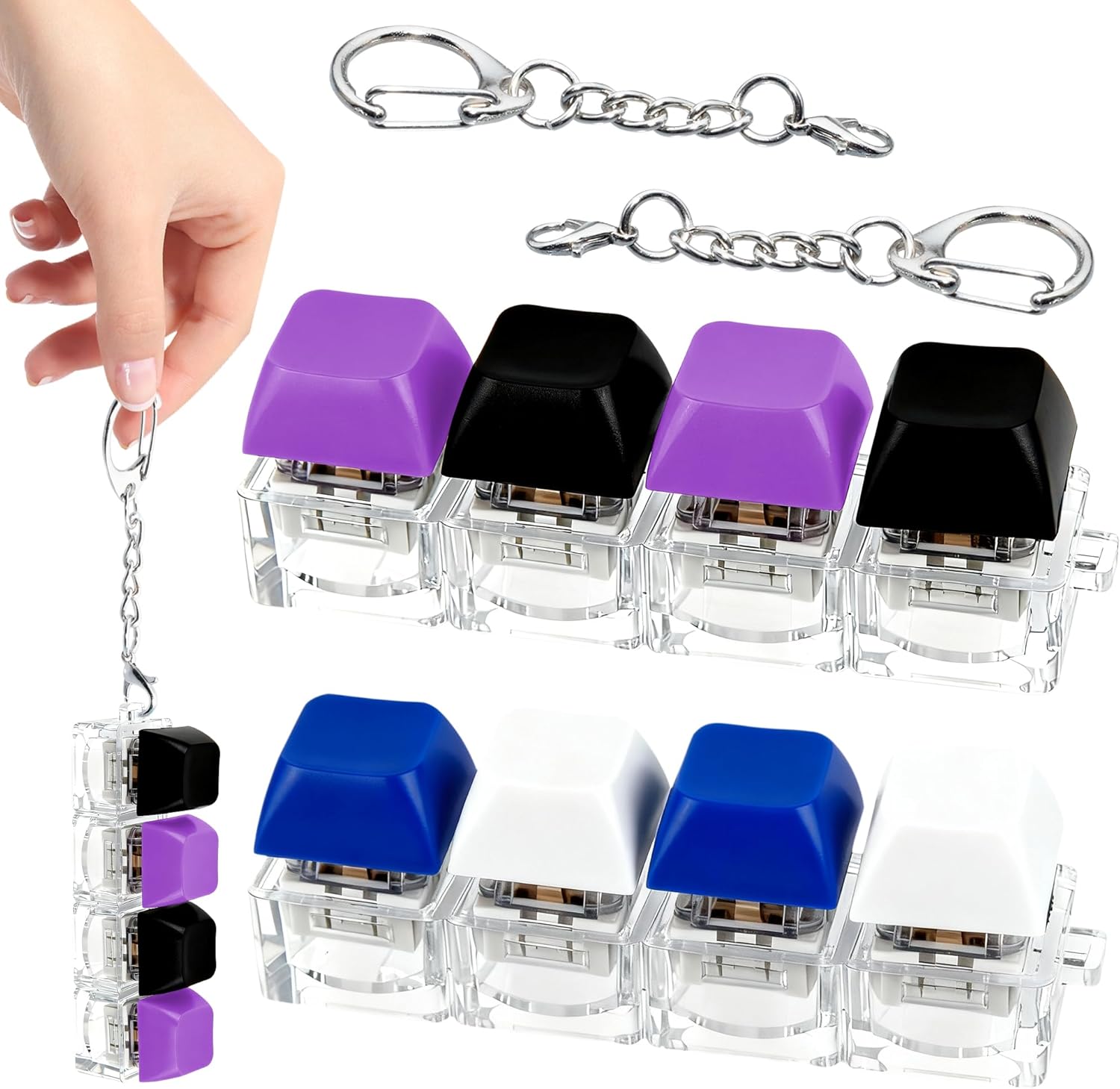 2 PCS 4-in-1 Keyboard Fidget Toy Keychain, Finger Clicky Button Toy Stress Relief Keychain with Swappable Keycaps, Mini Mechanical Key Fidget for Office Desk Focus Gifts (Blue Rose Pink White)