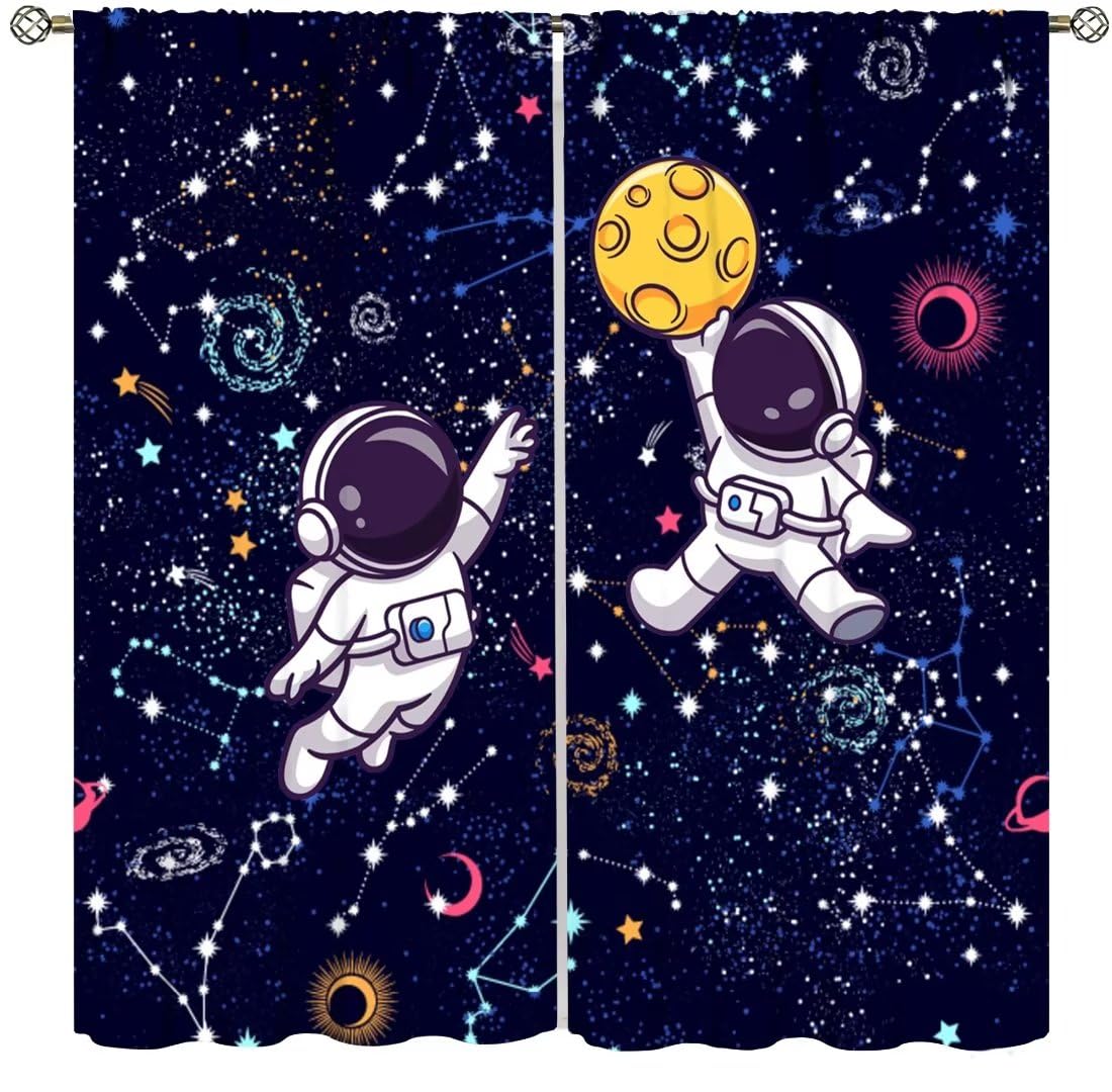 DDCBNS Cartoon Space Curtains Kids Cute Astronaut Funny Basketball Universe Galaxy Starry Star Moon Curtains Boys Girls Bedroom Living Room Nursery