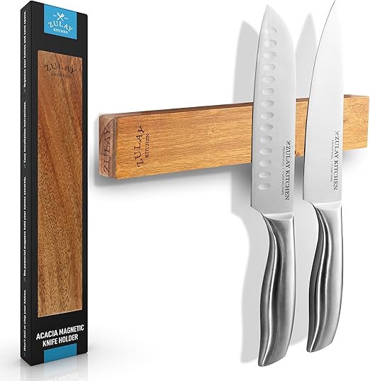 Zulay 11.75" Seamless Acacia Wood Magnetic Knife Holder - Wooden Magnetic Knife Strip for Organizing your Kitchen - Elegant & Multifunctional Magnet Holder for Wall with Easy Installation