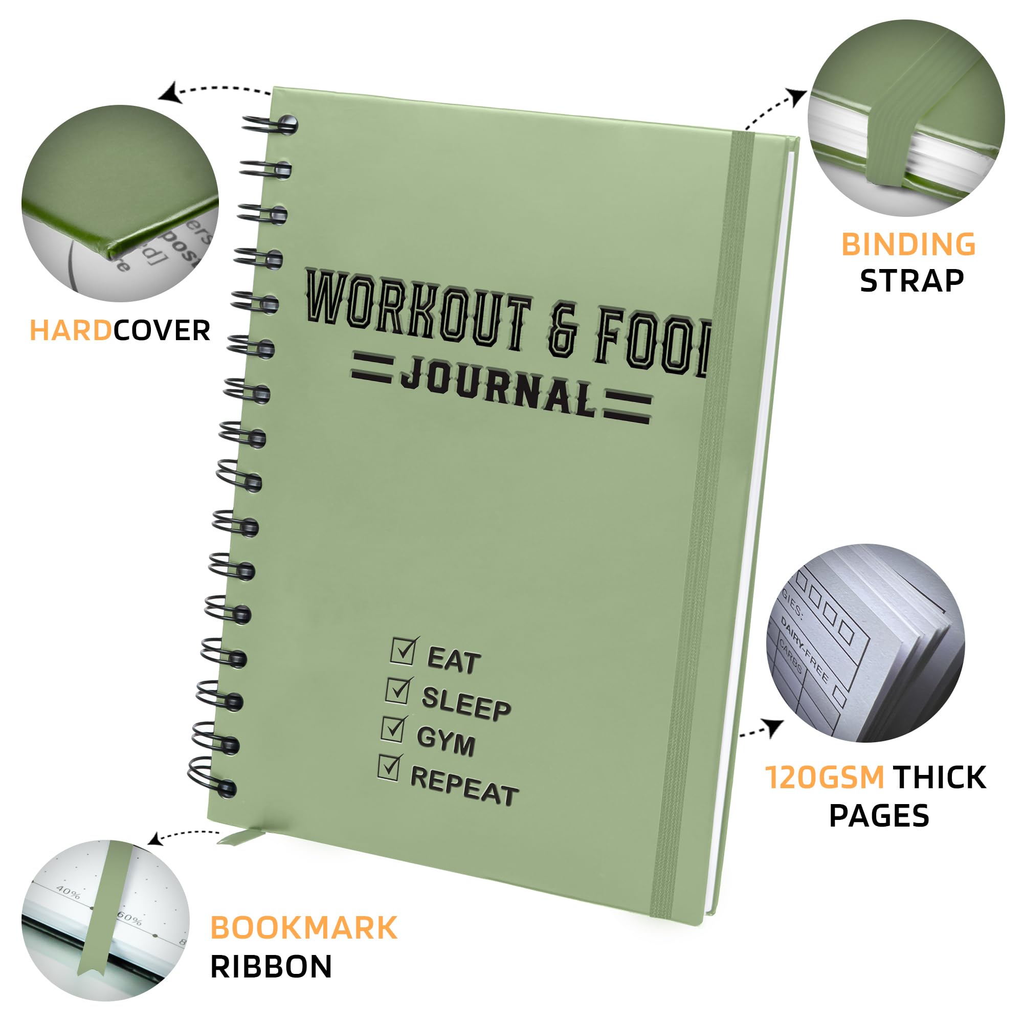 Nextnoid Diario con copertina rigida per fitness e cibo, agenda per allenamento e pasti, per uomini e donne, formato A5, robusto diario alimentare per tenere traccia della dieta, della palestra e