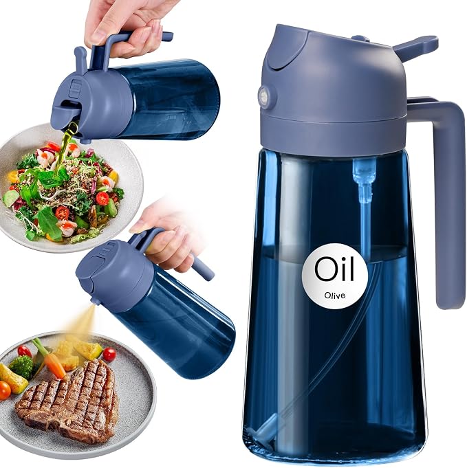 YARRAMATE Pulverizador de aceite oscuro con bloqueo de luz de 470 ml para cocinar, 2 en 1 con protección UV para la cocina, botella de aceite de cristal azul de alta calidad, botella de spray de