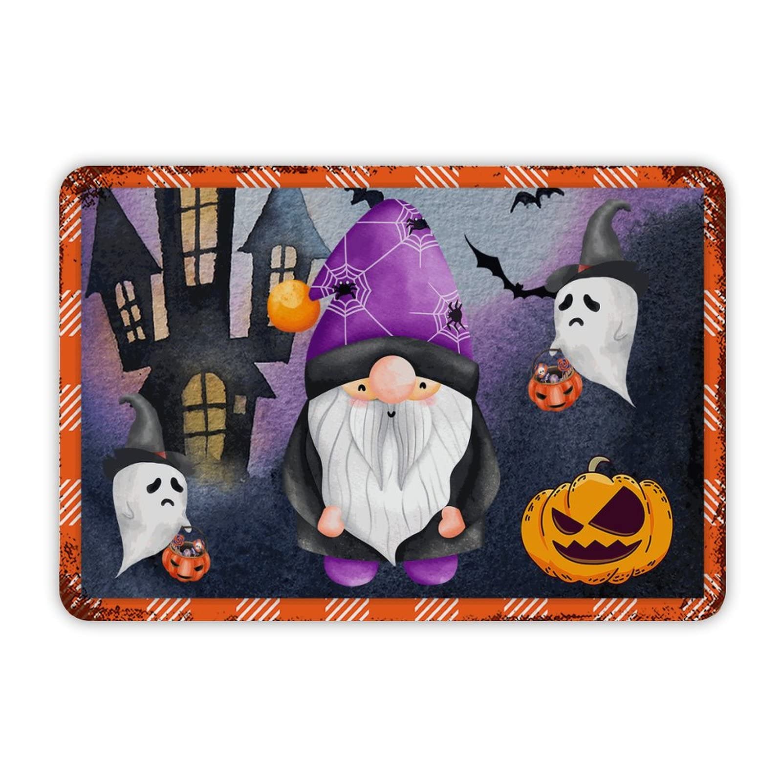 ENEDNATE Farmhouse Rustic Aluminum Sign Happy Halloween Gnome Pumpkins Metal Sign Retro Aluminum Tin Sign for Kitchen Bedroom Living Room Wall Art Door Hanger Home Decor Sign 8x12 Inch