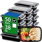 50 Emballage de contenants d'aliments noirs avec lids, 38 oz Grand contenants en plastique, contenants de préparation de repas réutilisables pour l'entreposage des aliments, récipients jetables pour déjeuner et restaurant