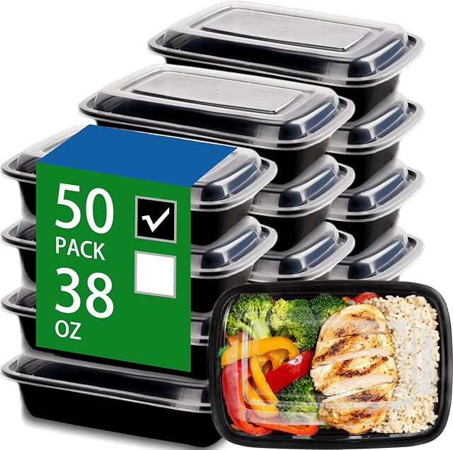 50 Emballage de contenants d'aliments noirs avec lids, 38 oz Grand contenants en plastique, contenants de préparation de repas réutilisables pour l'entreposage des aliments, récipients jetables pour déjeuner et restaurant