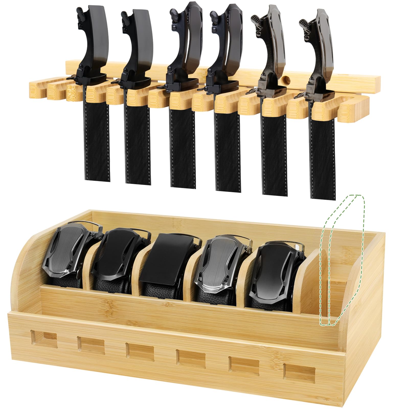 Bamboo Belt Organizer Box, Adjustable 6+14 Grids Belt Rack, Belt Organizer for Closet Shelf and Drawer, Tie and Belt Storage Organizer Wall Mount and Displayer for Men Women Father Day (Natural)