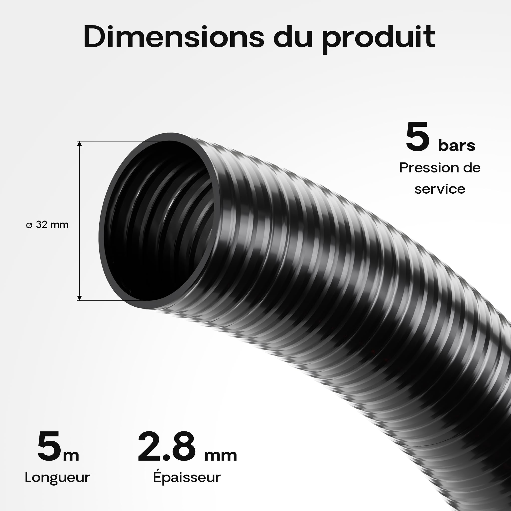 Wiltec Tuyau d'aspiration noir – 5 m/Ø 32 mm (1 1/4") / 320 g/m – avec Spirale de renforcement – Tube à pression souple en PVC – pour Arrosage Irrigation Jardinage Évacuation Refoulement