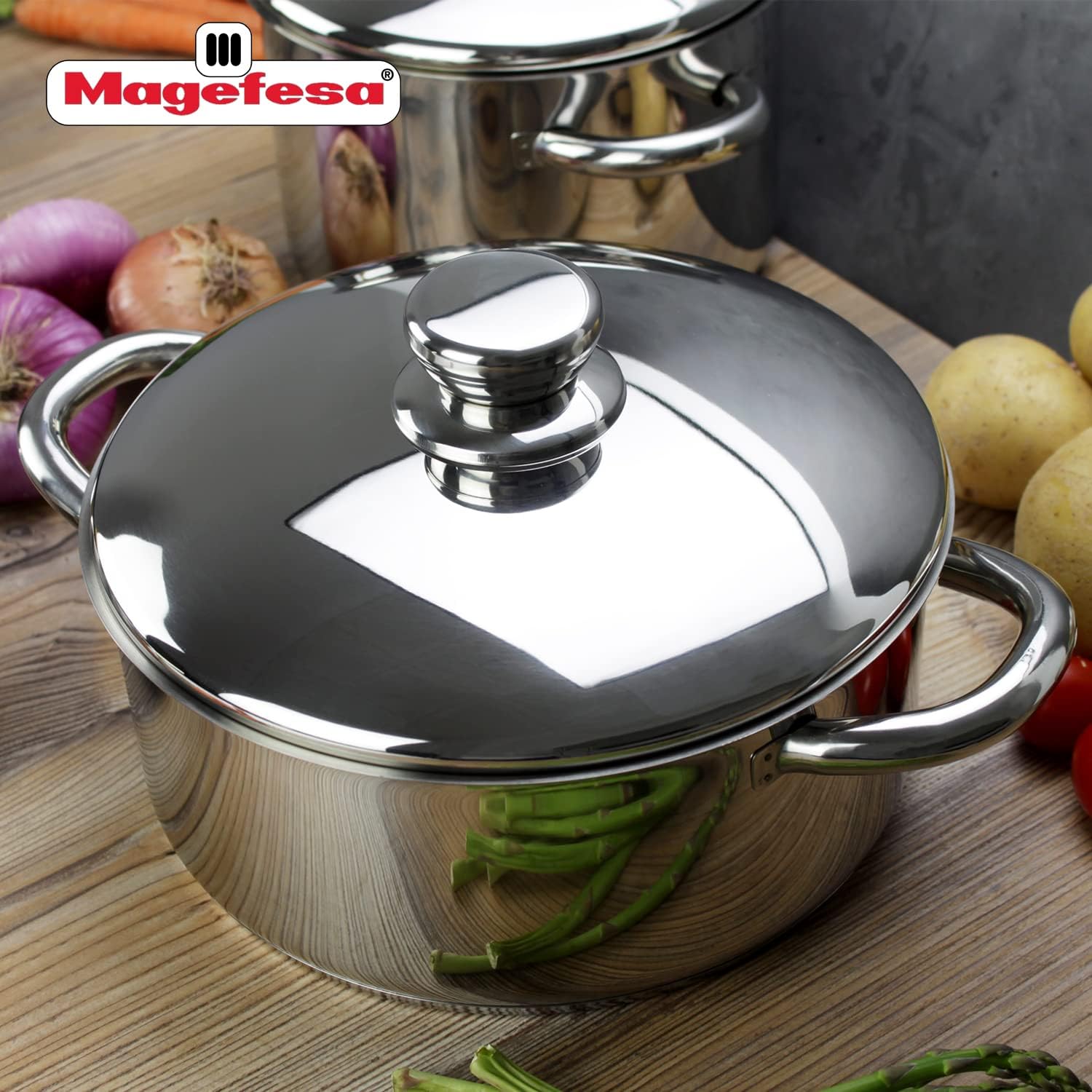 MAGEFESA Couple 6-Piece Stainless Steel Cookware Set, Includes Stockpots, Saucepan and Deep Frypan, Compatible with All Types of Stovetops, Easy Cleaning, Dishwasher Safe