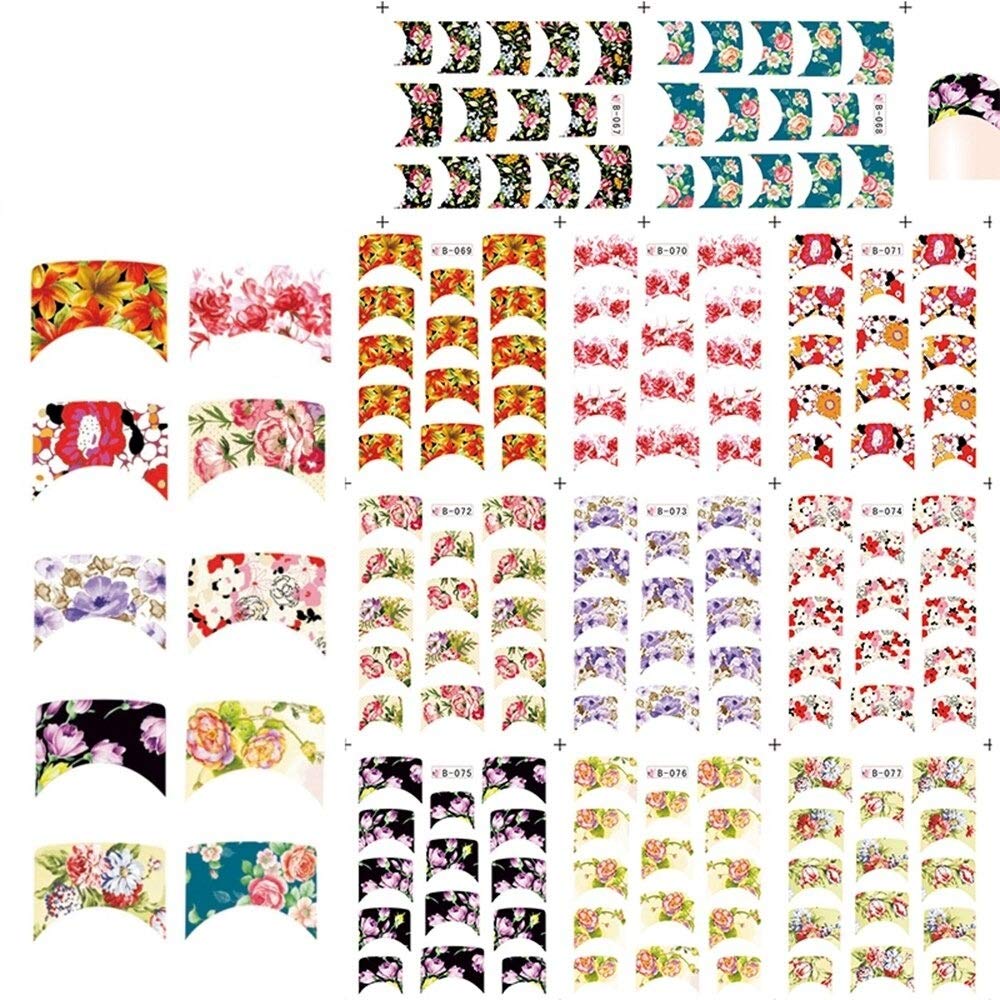11 Fogli/Set French Nail Art Decalcomania per Il trasferimento dell'Acqua Adesivo per Unghie Flower Design Series Nails Water Stickers per Decalcomanie Wraps