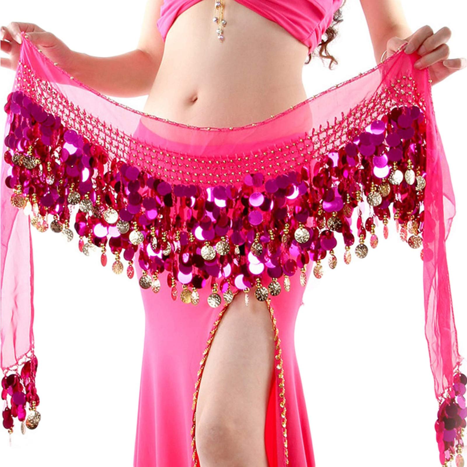 Belly Dance Hip Scarf, Sweet Belly Dance Skirt Wrap Performance Bling Sequins Coins, Belly Dance Costume for Women