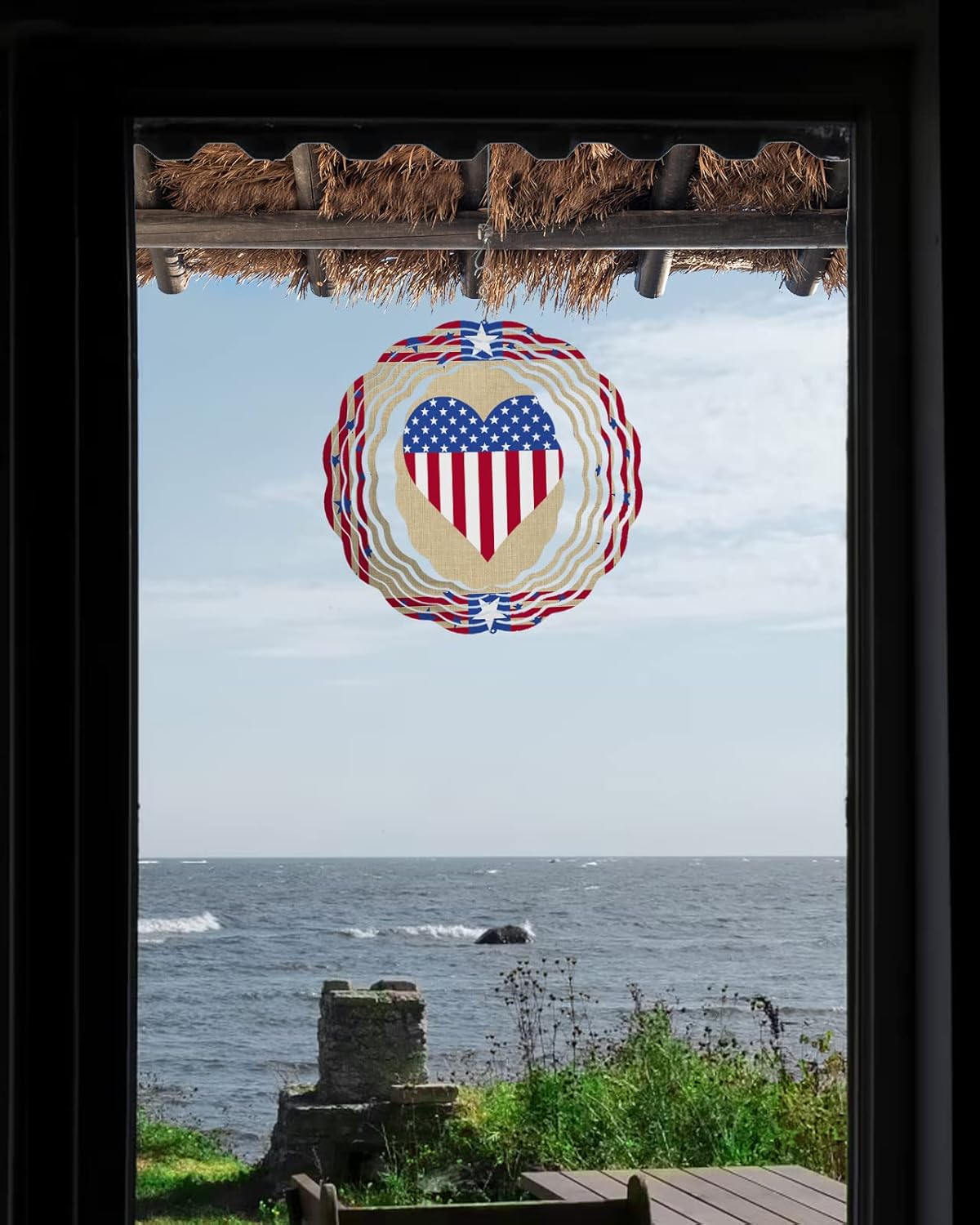 Flag Day Freedom Star and Stripe Wind Spinner for Garden Yard 3D Stainless Steel Hanging Wind Spinners, Patriotic Love Heart on Burlap Spinners Outdoor Metal Decor for Lawn Patio Home