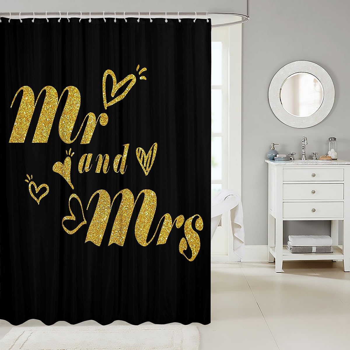 Mr And Mrs Bath Curtain, Love Heart Shower Curtain For Couples Black And Gold Waterproof Shower Curtains Romantic Letter Bathroom Decoration Curtains For Teens Couple Valentines Gifts,72" W X 84" L