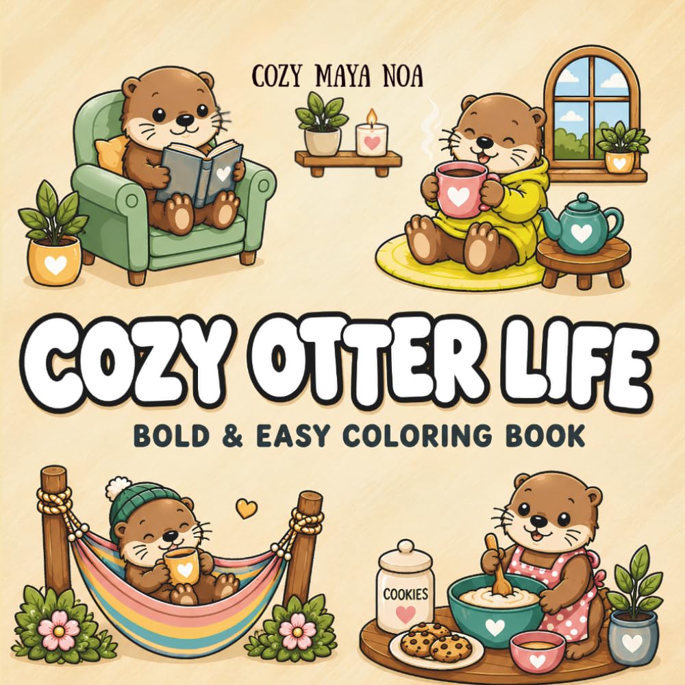Cozy Otter Life Coloring Book: Bold & Easy Cute Otter Scenes for Relaxation and Stress Relief | 50 Adorable Cozy Otter Moments with Reading, Baking, Painting, Relaxing and Cute Everyday Activities