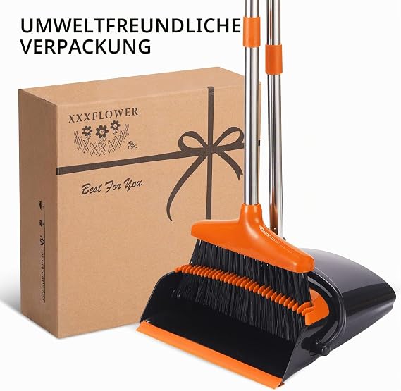 Broom and Dustpan Set with Long Handle Dustpan with Shovel Dustpan Set with Extendable Handle Dustpan and Dustpan Set for Household Cleaning Office (Black/Orange)