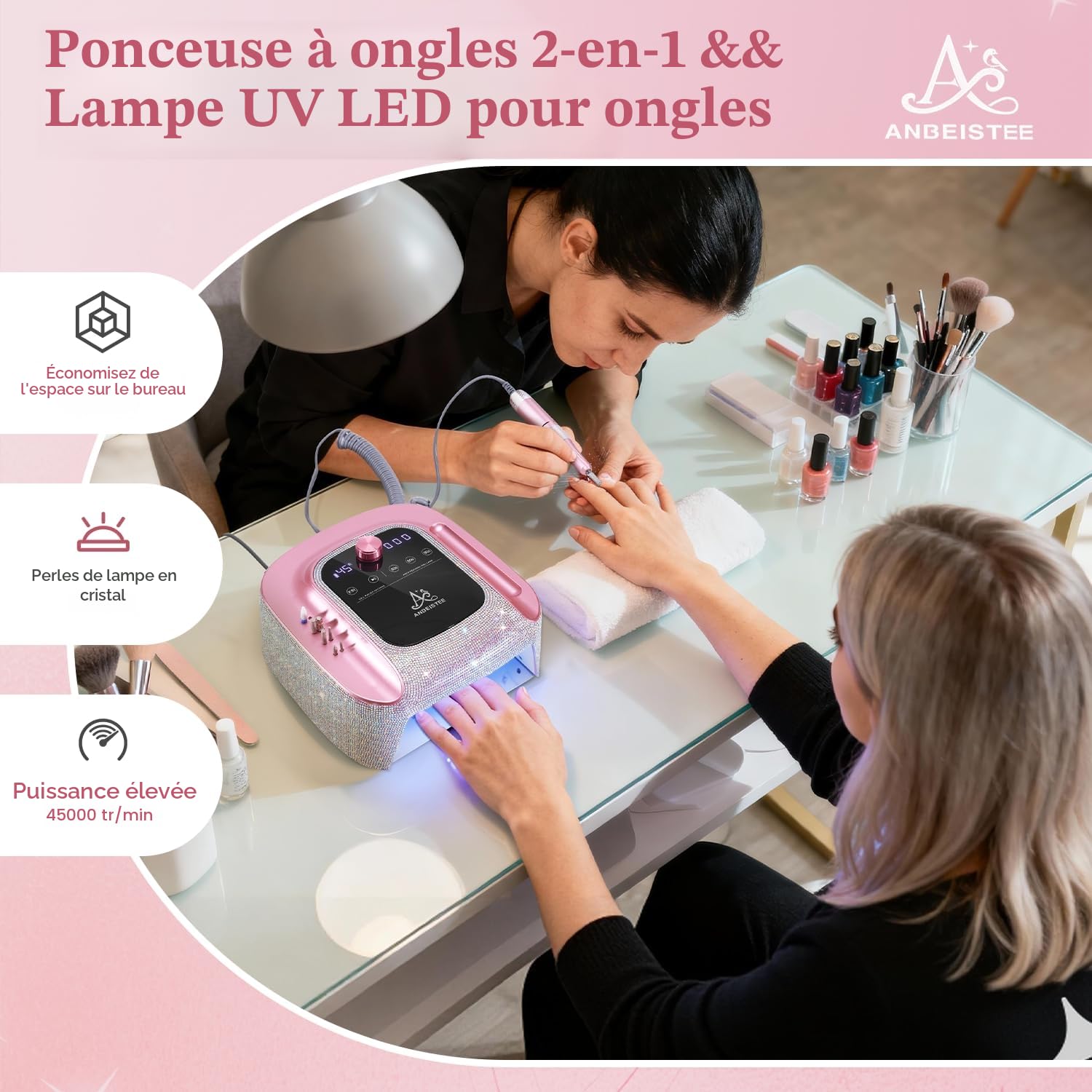 2-en-1 Ponceuse pour Ongles et Lampe UV pour Les Ongles, Electrique Ponceuse pour Ongles Rechargeable Professionnelle de 45000 RPM, Lampe à Ongles UV, Lampe de Séchage Rapide des Ongles