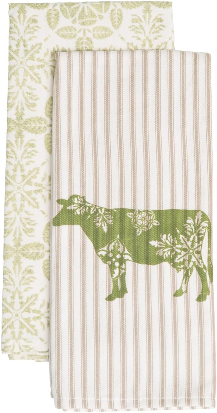 Heritage Lace FH-004 Farmhouse 18"X26" Green Cow Tea Towel (Set of 2)