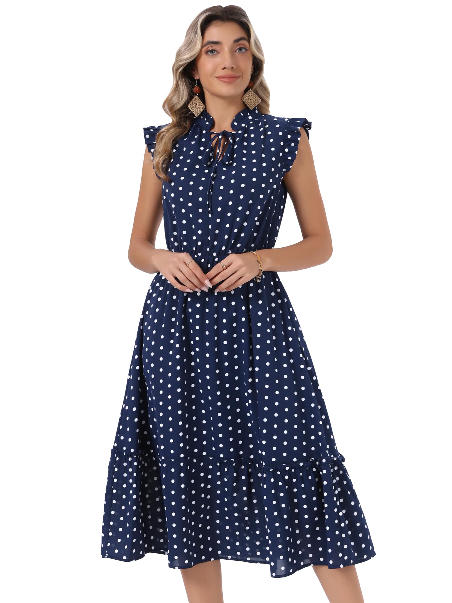 Allegra K Vestido midi de lunares para mujer, cuello anudado, manga con volantes, línea A | Vestidos vintage de los años 50, cintura elástica, fluidos, vestidos casuales de verano con bolsillos laterales