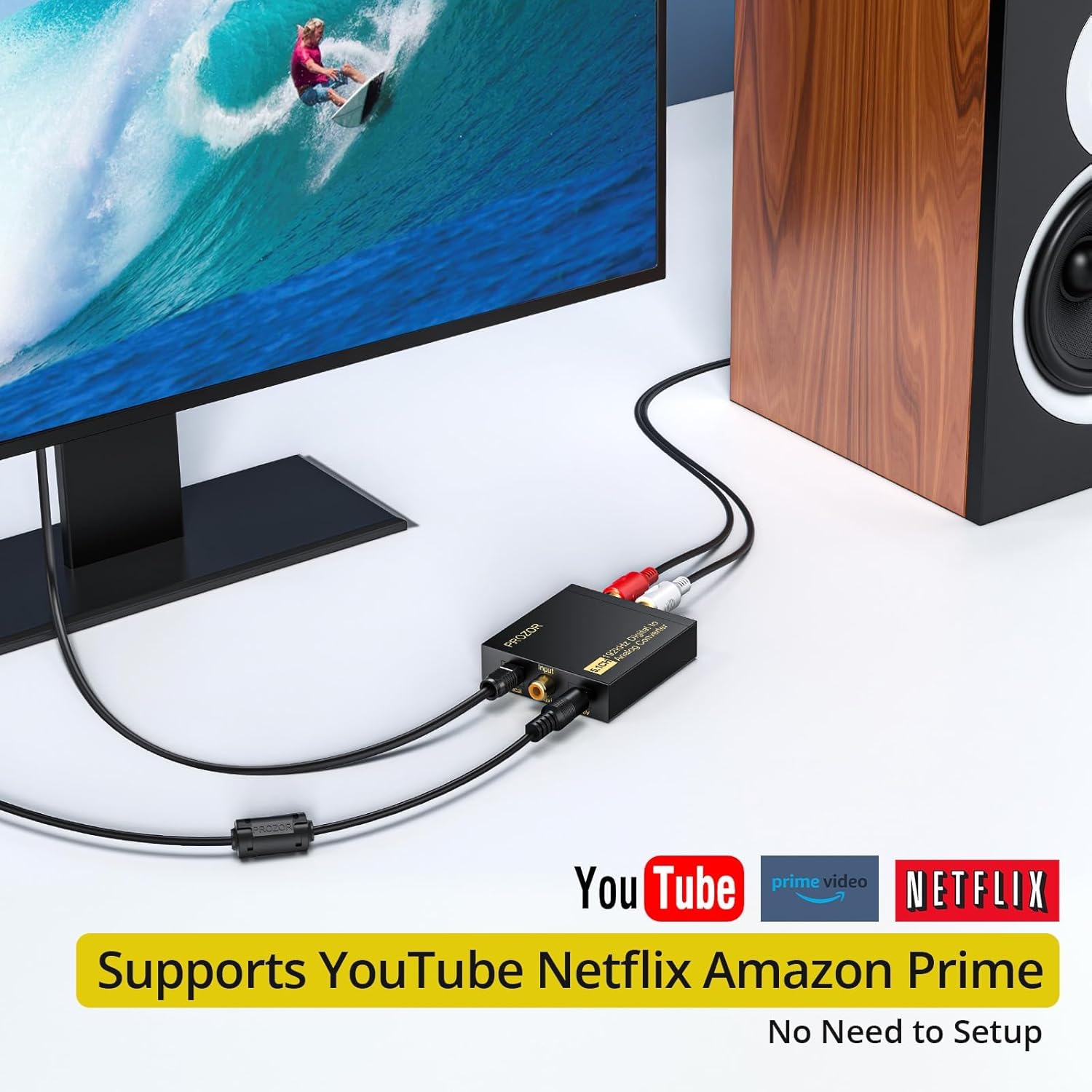 PROZOR 192KHz Digital to Analog Audio Converter Support 5.1CH Optical to RCA Converter with Magnetic Ring Power Cord + 5V 1A Power Supply Adapter