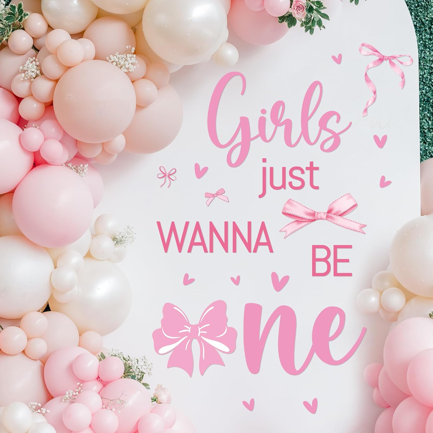 Girls Just Wanna Be One Decal - Pink Bow First Birthday Party Decorations Backdrop Sign Balloon Arch Decor Sticker, Sweet Ones Theme Bithday Parties Decoration Photo Background Props(Only Sticker)
