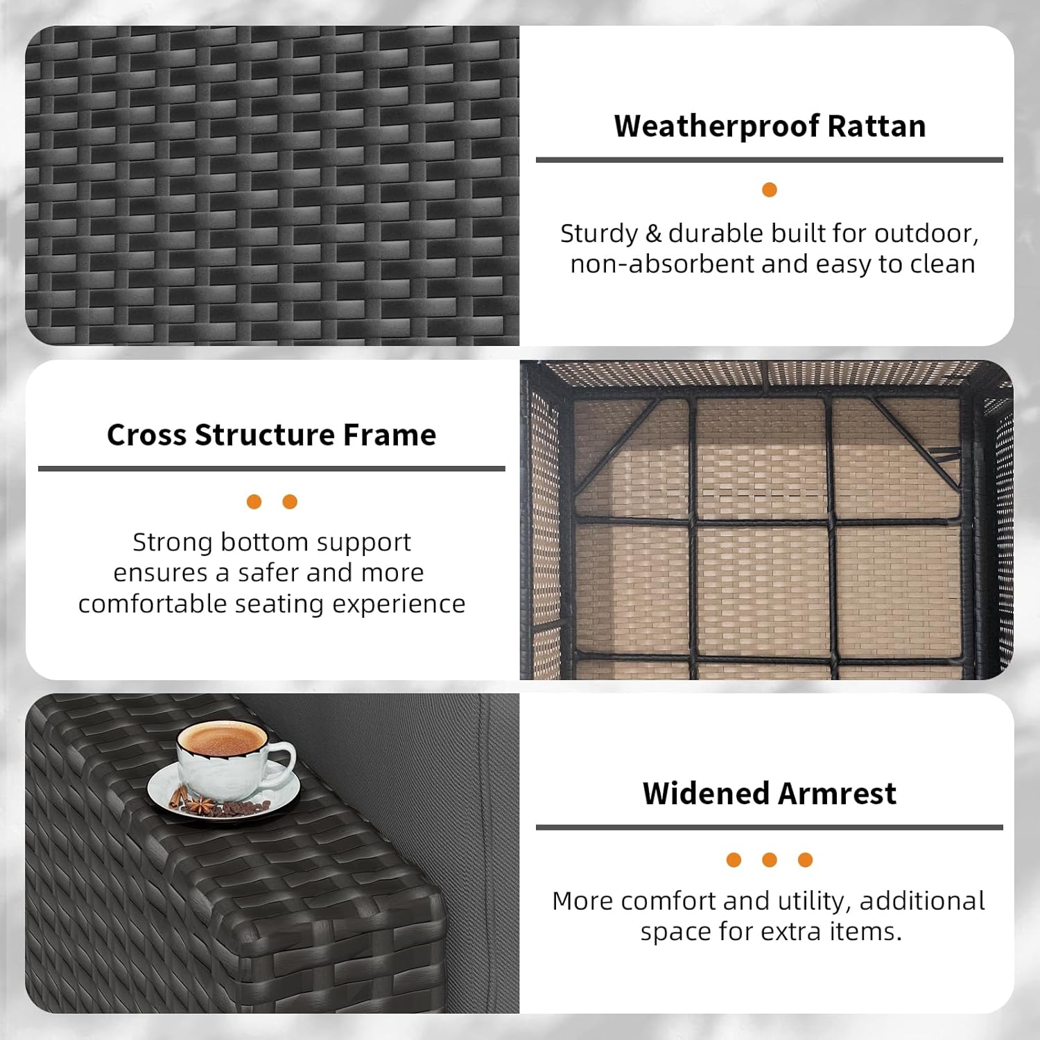 Oakcloud 7-Piece Outdoor Black Rattan Wicker Sectional Conversation Sets Patio Furniture Sofa Set with Cushions and Glass Top Table(Grey)