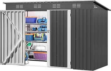 DWVO 9x4ft Large Outdoor Storage Shed, Metal Tool Sheds, Heavy Duty Tool Storage with Lockable Doors & Air Vent for Backyard Patio Lawn to Store Bikes, Tools, Lawnmowers,Dark Gray
