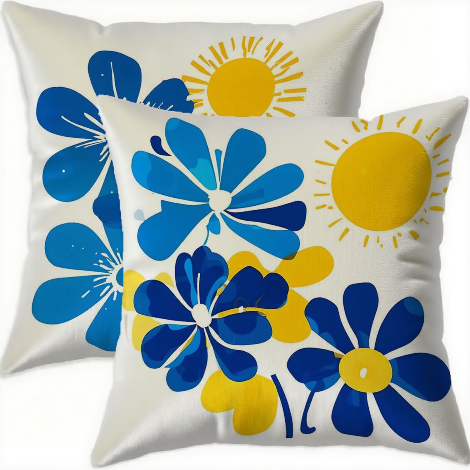 Housse coussin 70x70cm bleu velours haut de gamme double face avec zip invisible jaune