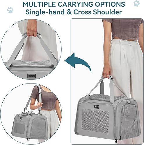 Vista 27 de PETSFIT Transportador de mascotas, transportador de perros aprobado por aerolíneas, plegable de lados suaves, aprobado por la TSA para gatos Azul