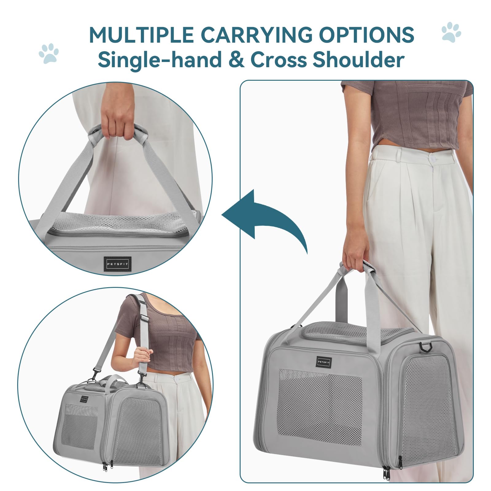 Petsfit Trasportino per gatti grande fino a 11,3 kg, trasportino stabile e leggero con tappetino in pile estensibile, borsa da viaggio per cani con guinzaglio di sicurezza per uso interno, 50 x 33 x