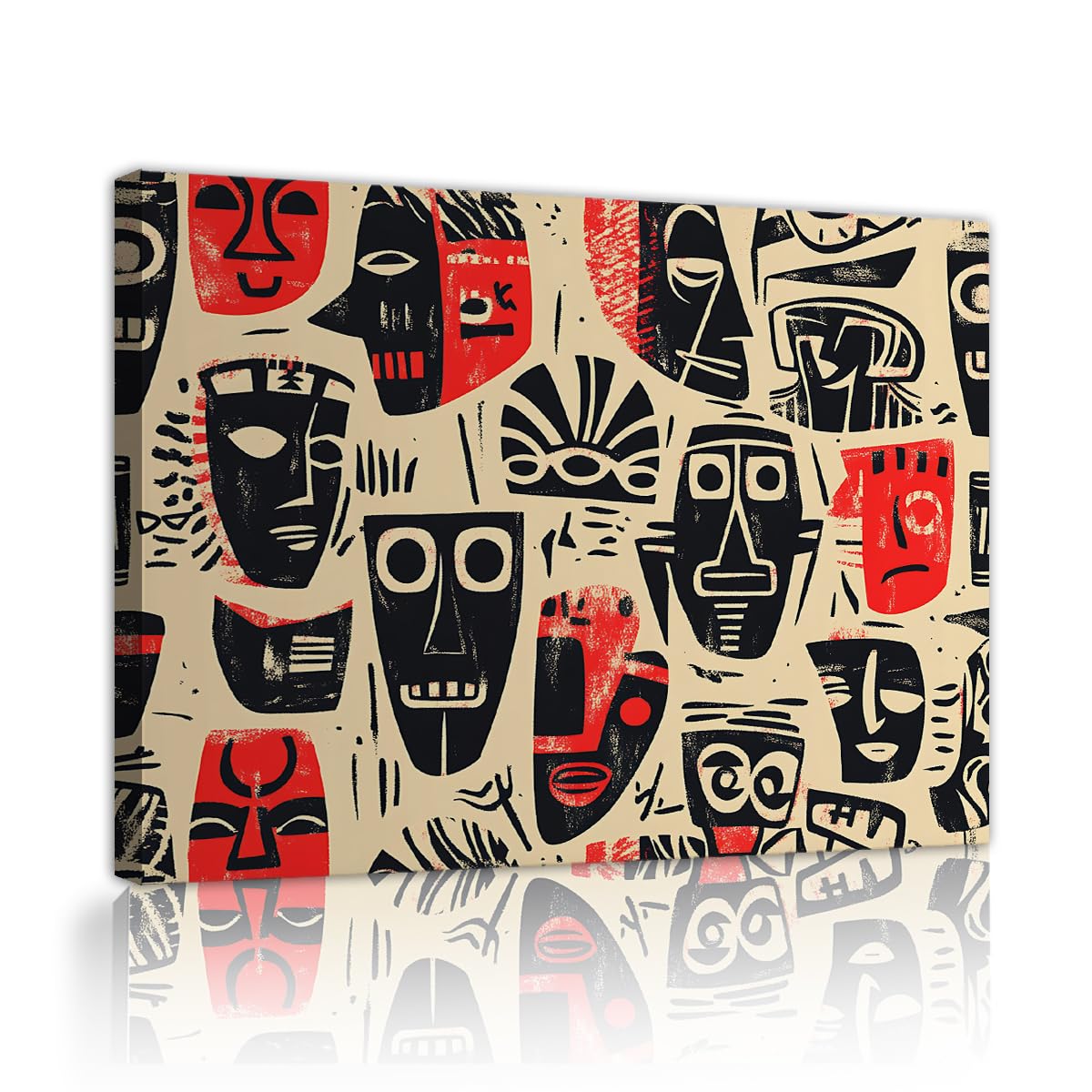 TOANGWALL Abstract Face Canvas Painting Retro Folk Pattern Prints Red Black Graphic Poster Tribal Wall Art Living Room Bedroom Dining Room Lounge Eclectic Room Decor 80x95cm