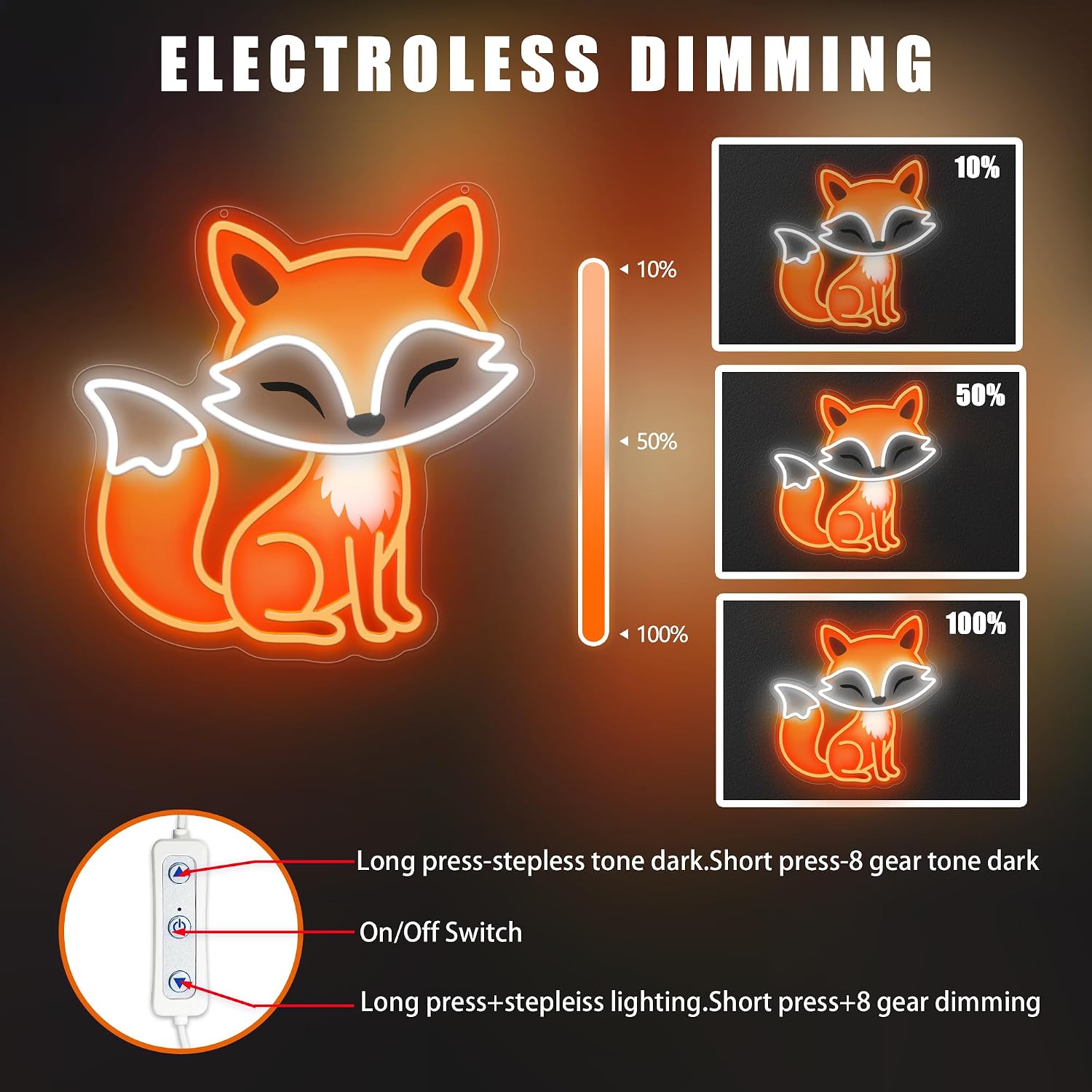 Fox Neon Sign, Dimmable LED Night Light for Bedroom Wall Decor, Cute Fox Room Decor Gift for Kids Teens and Fox Lovers