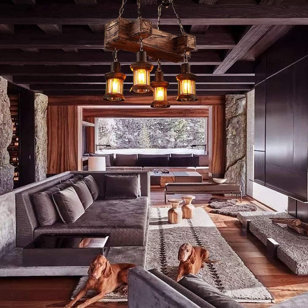 Farmhouse Lighting Industrial Rustic Wood Linear Island Pendant Light Chandelier Lighting Hanging Ceiling Fixture 4-Lights for Coffee Shop Restaurant