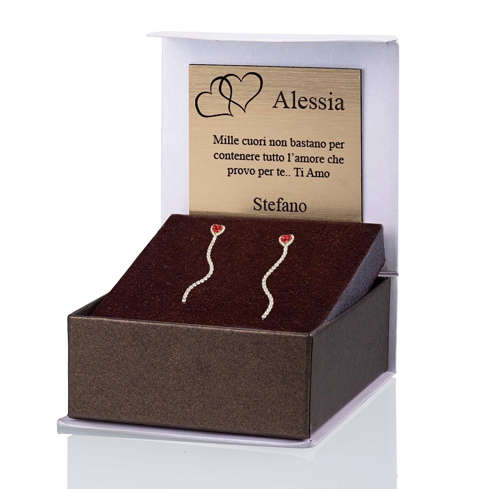 Orecchini Donna Sakrami in Argento 925 con Zircone Cuore Rosso, Verde o Bianco e Catena Tennis – Scatola Personalizzabile con Dedica Incisa – Gioiello Elegante per Anniversario San Valentino