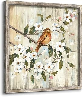 Bird Floral Wall Art Decor: Framed Botanical Artwork Animal Picture on the Tree Branch Wood Print for Bathroom(12x12)