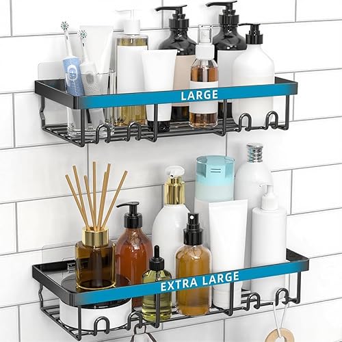 Moforoco Estante organizador de estante grande para ducha, cesta autoadhesiva negra para estantes de baño, decoración interior de pared de casa de