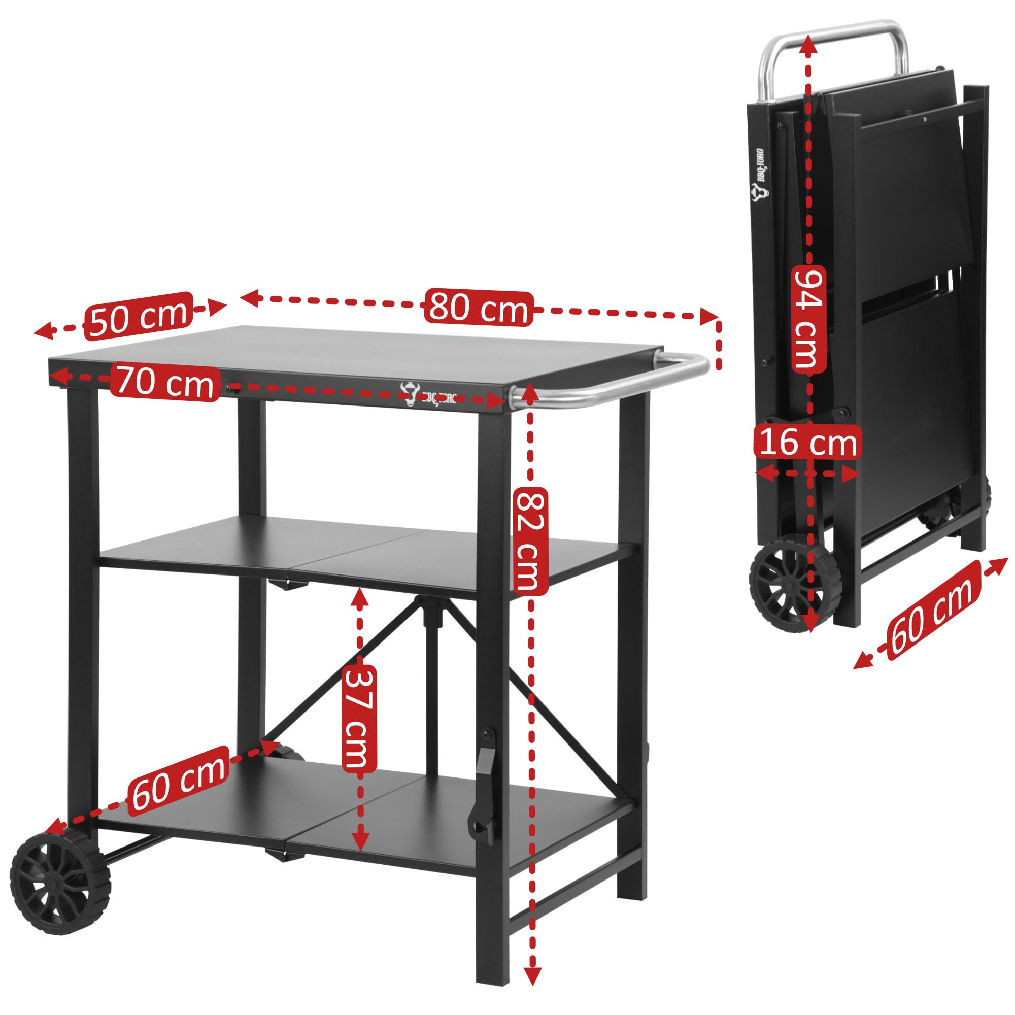 BBQ-Toro Chariot de barbecue pliable 60 x 80 x 82 cm | Noir | Chariot de service, chariot de table, table de barbecue pour barbecue à gaz | Table d'appoint, table de barbecue | Table d'appoint pour