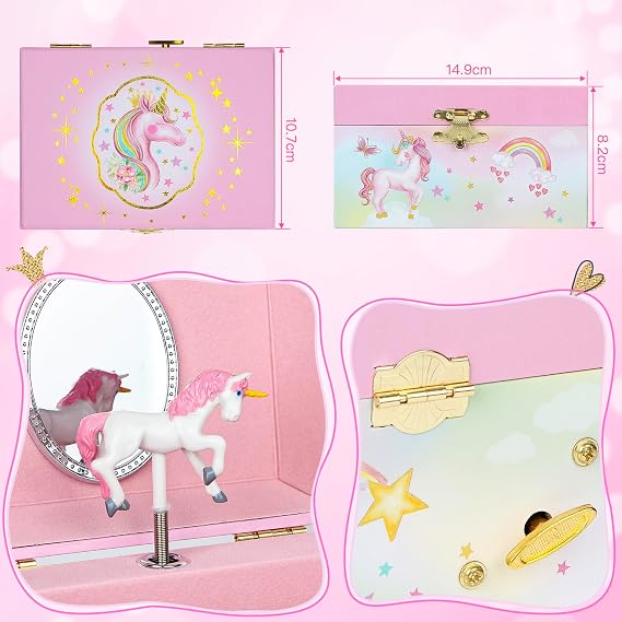 Music Jewellery Box with Necklace Bracelet, Musical Jewelry Storage Case with Spinning Unicorn Gift Set for Kids Girls Children Daughter (ShinyPink-Horse)